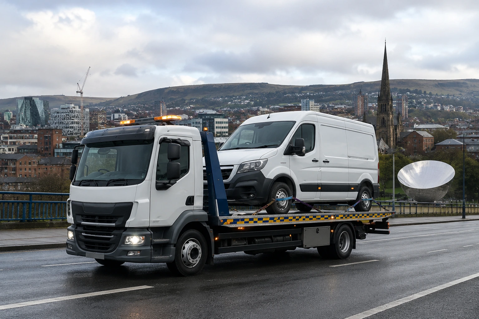 Van recovery truck transporting a commercial van